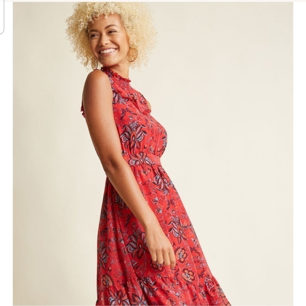 ModCloth Red Floral Chiffon Sleeveless Midi Dress